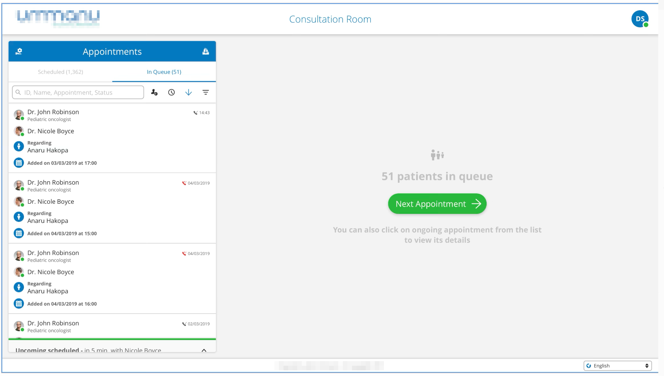 Clinician Next appointment screen