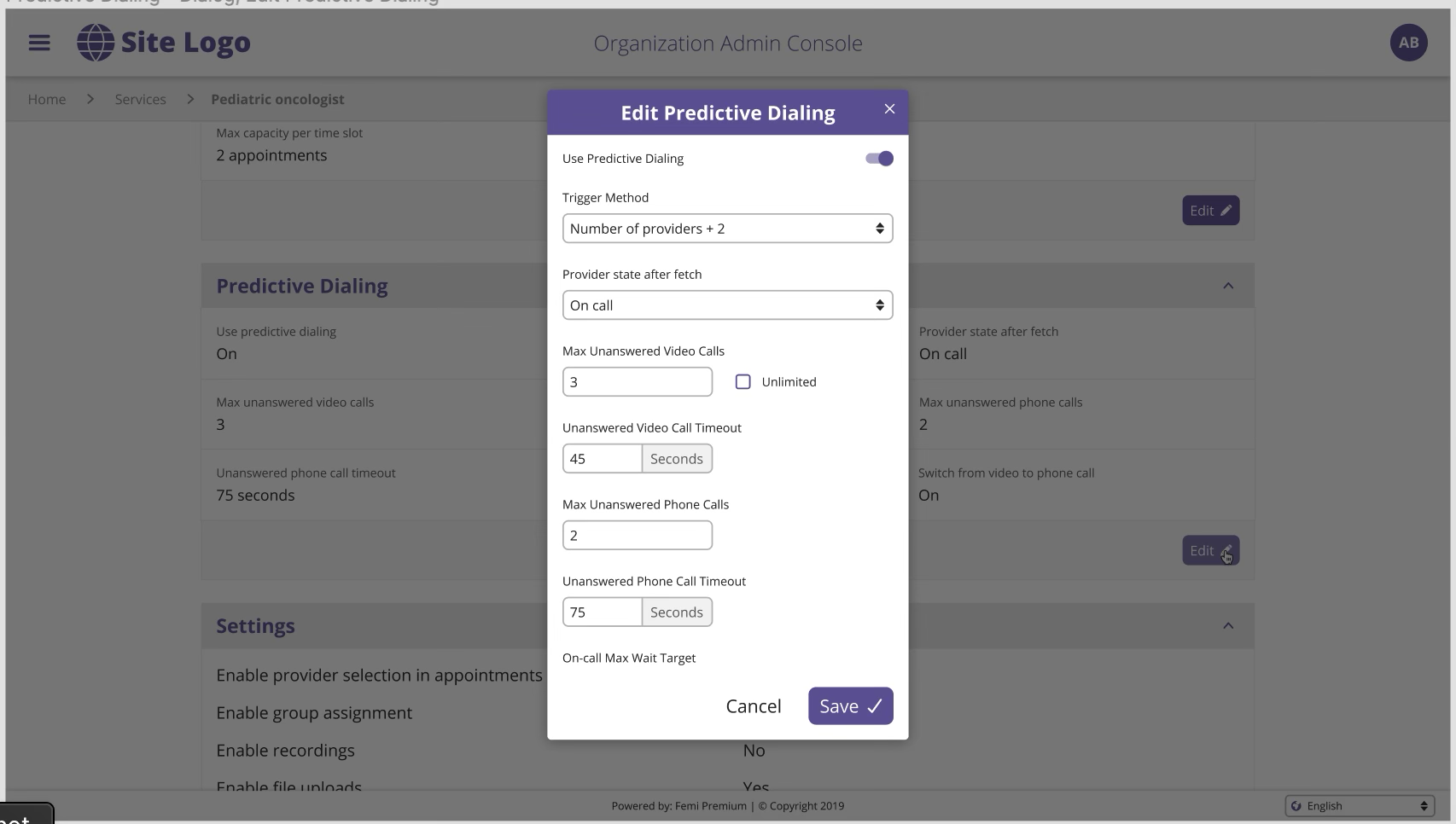 Predictive dialer settings panel